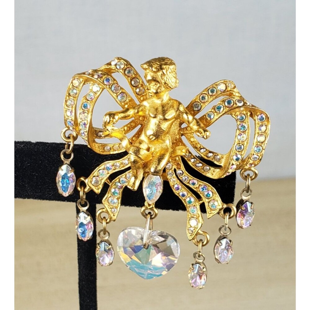 Vintage Kirks Folly Cherub Angel Crystals Rhinestone Gold Tone Enhancer Pendant